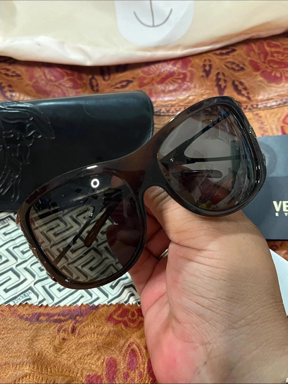 Versace Women's Black/Brown Gradient Oversized Sunglasses with Gold Logo